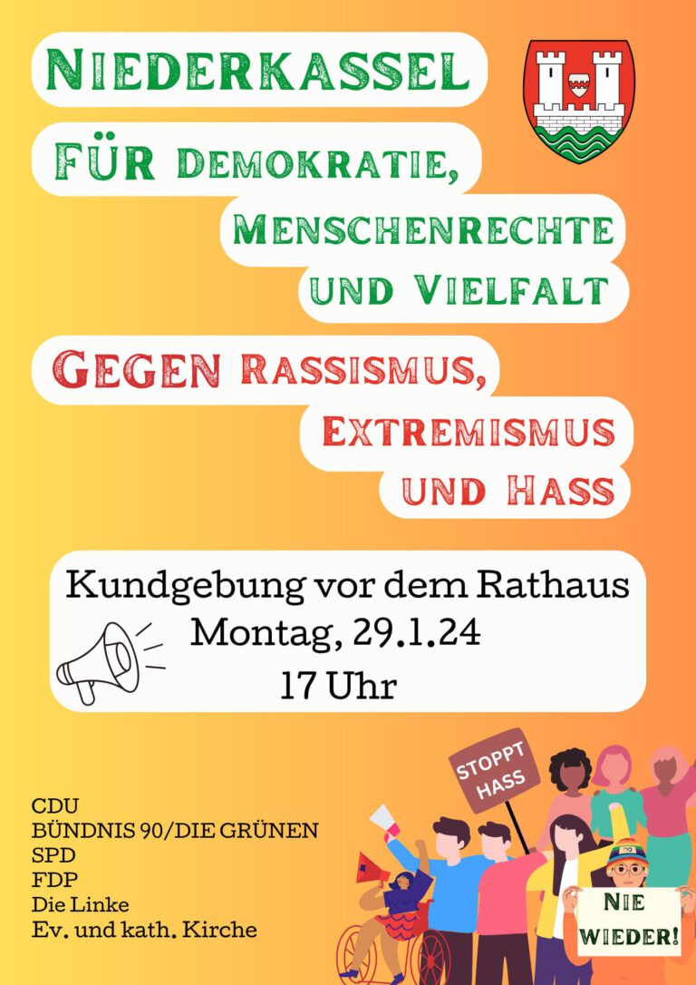 Einladung zur Kundgebung am 29.1.2024: “Niederkassel für Demokratie, Menschenrechte und Vielfalt – gegen Rassismus, Extremismus und Hass!”