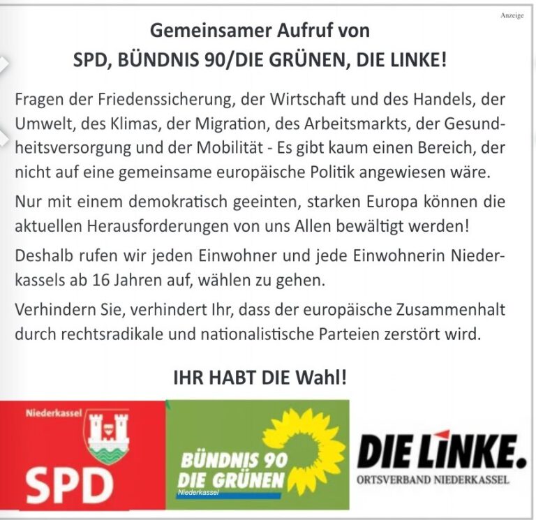 Europawahl 2024 – Gemeinsamer Aufruf Niederkasseler Parteien